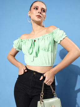 AAREIN - Classic Green Self Design Twist Knot Crop Top