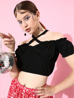 AAREIN - Classic Black Self Design Twist Knot Crop Top