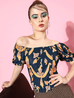 AAREIN - Navy Blue Printed Corset Crop Top