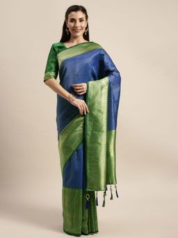 Amrutam Fab - Women's Banarasi Silk Navy Blue Saree with Unstitched Blouse