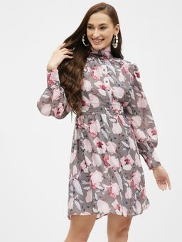 Kibo - Womens Printed High-Neck Patel Shoulder Dress