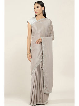 Soch - Grey Pure Crepe Ethnic Motifs Embellished Saree with Unstitched