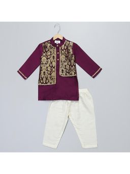 The Little Tales - Purple Kurta With Brocade Attached Jacket and Pyjama (Set of 2)