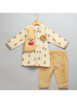 The Little Tales - Gold Kurta With Pyjama With Laxmi Goddess Jacket (Set of 2)