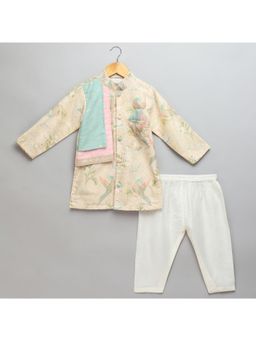 The Little Tales - Parrot Printed Kurta With Pyjama With Attached Pastel Jacket (Set of 2)