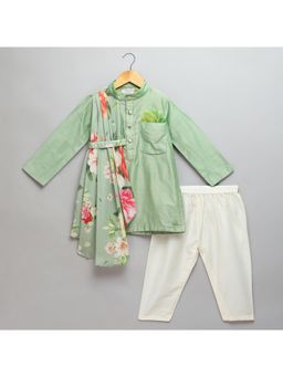 The Little Tales - Asymmetric Pleat Print Mint Green Kurta With Pyjama (Set of 2)