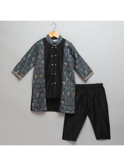The Little Tales - Black Kurta With Pyjama With Attached Printed Jacket (Set of 2)