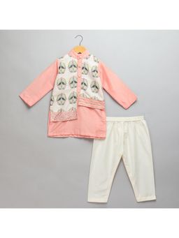 The Little Tales - Peach Kurta With Pyjama With Attached Printed Jacket (Set of 2)