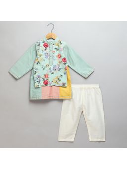 The Little Tales - Green Kurta With Pyjama With Attached Print Panel (Set of 2)