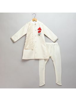 The Little Tales - Off White Bandhgala Embroidery Kurta With Churidar (Set of 2)