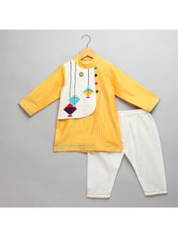 The Little Tales - Kite Embroidered Yellow Kurta With Pyjama (Set of 2)