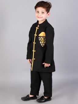 The Little Tales - Black Bandhgala Embroidery Kurta With Trousers (Set of 2)