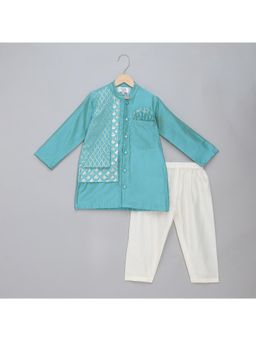 The Little Tales - Blue Kurta With Attached Jacket and Pyjama (Set of 2)
