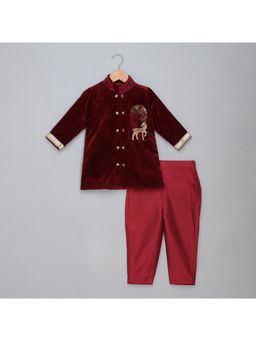 The Little Tales - Maroon Velvet Bandhgala Embroidery Kurta With Trouser (Set of 2)