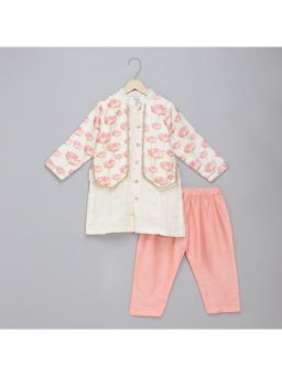 The Little Tales - Off White Peach Lotus Printed Kurta With Pyjama (Set of 2)