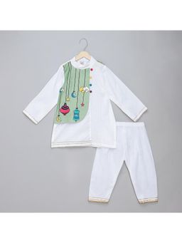 The Little Tales - Eid Embroidered White Green Kurta With Pyjama (Set of 2)