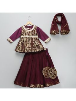 The Little Tales - Purple Brocade Blouse With Lehenga and Dupatta (Set of 3)