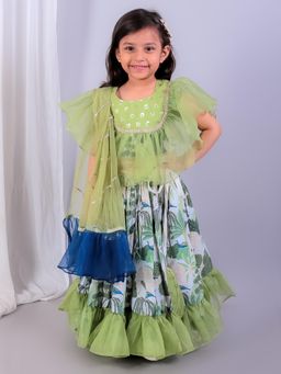 The Little Tales - Green Organza Frill Jungle Blouse With Lehenga and Dupatta (Set of 3)