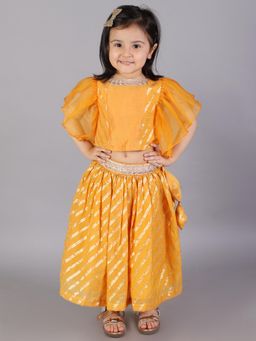 The Little Tales - Orange Zari Organza Blouse With Cotton Zari Lehenga (Set of 2)