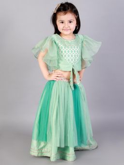 The Little Tales - Green Zari Organza Blouse With Net Lehenga (Set of 2)