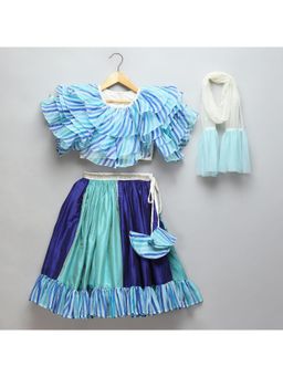 The Little Tales - Blue Lehriya Frill Blouse and Lehenga With Dupatta (Set of 3)