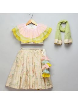 The Little Tales - Pastel Frill Blouse With Parrot Print Lehenga (Set of 3)
