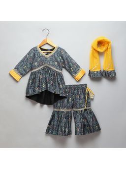 The Little Tales - Black Printed High Low Kurta With Sharara and Dupatta (Set of 3)