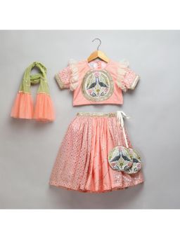 The Little Tales - Peach Peacock Printed Blouse With Chanderi Lehenga (Set of 3)