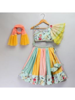 The Little Tales - Multi-Color Floral Printed Blouse With Lehenga (Set of 3)