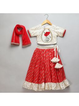 The Little Tales - Off White/Red Embroidered Blouse With Chanderi Lehenga (Set of 3)