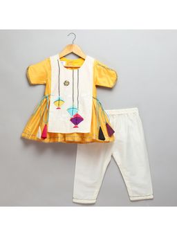 The Little Tales - Kite Embroidered Yellow/Off White Frock Kurta With Pyjama (Set of 2)