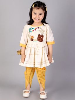The Little Tales - Off White Lohri Embroidery Angrakha Kurta With Dhoti (Set of 2)