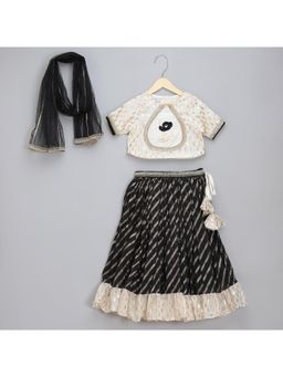 The Little Tales - Off White Black Blouse With Chanderi Lehenga and Dupatta (Set of 3)