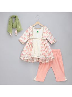 The Little Tales - Off White Peach Lotus Print Kurta With Pyjama (Set of 3)