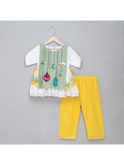 The Little Tales - Eid Embroidered Green White Frock Kurta With Pyjama (Set of 2)