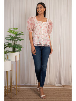 Label Kanupriya - White Floral Fluffed Sleeve Organza Shirt Top (Set of 2)