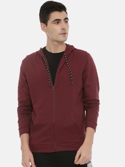 3PIN - Men Burgundy Solid Hooded Sweatshirt