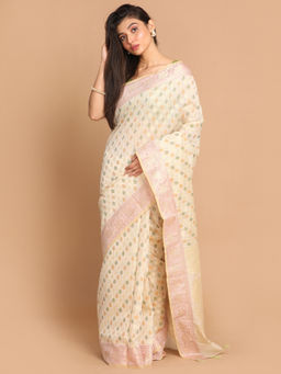 Indethnic - Banarasi Beige Woven Design Work Wear Saree With Unstitched Blouse