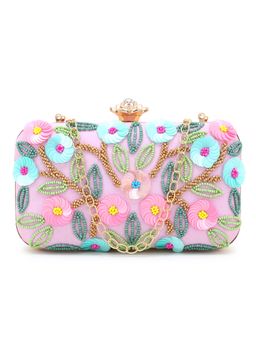 Anekaant - Adorn Pink & Multi Faux Silk Floral Sequinned Clutch