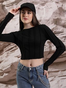 TOKYO TALKIES - Round Neck Long Sleeves Crop Top