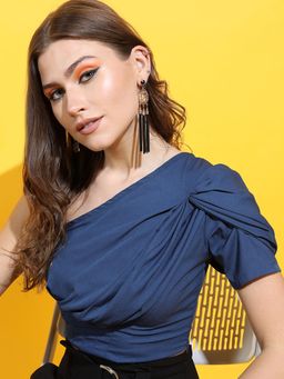 TOKYO TALKIES - Blue One Shoulder Crop Top