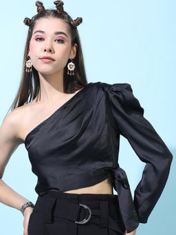 TOKYO TALKIES - Black One Shoulder Draped Top