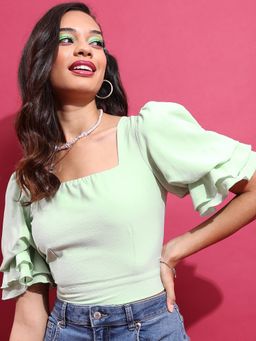 TOKYO TALKIES - Green Square Neck Flared Sleeve Crop Top