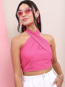TOKYO TALKIES - Pink Halter Neck Smocked Crop Top