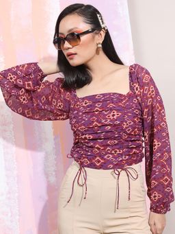 TOKYO TALKIES - Square Neck Long Puff Sleeves Printed Fitted Crop Top
