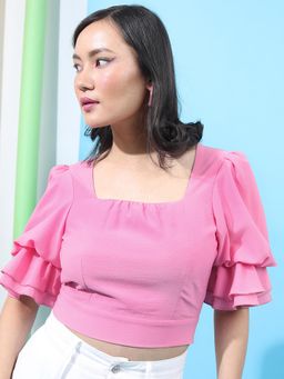 TOKYO TALKIES - Pink Square Neck Flared Sleeve Crop Top