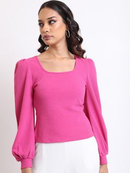 TOKYO TALKIES - Pink Square Neck Puffed Sleeves Top