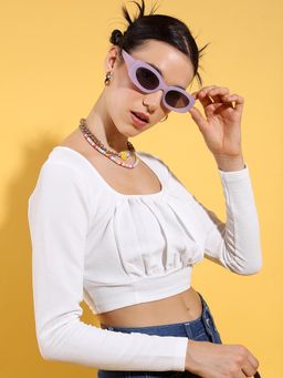 TOKYO TALKIES - Square Neck Long Sleeves Gathered Crop Top