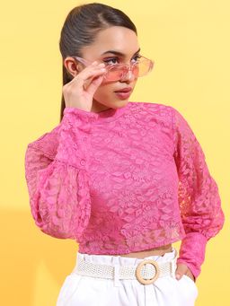 TOKYO TALKIES - Pink Puff Sleeve Lace Crop Top
