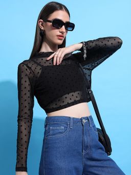 TOKYO TALKIES - Black Self Design Sheer Crop Top